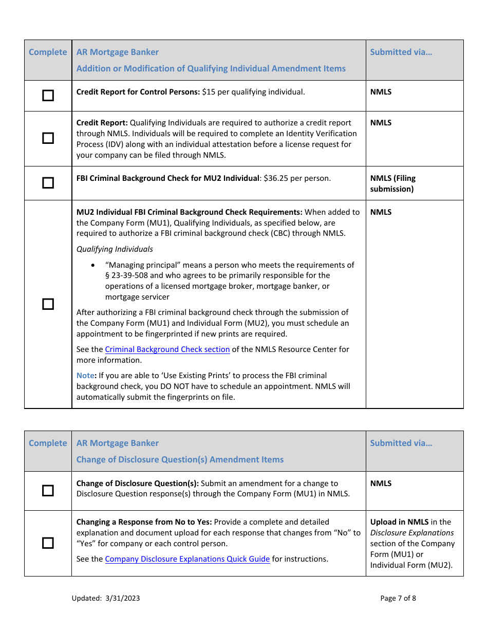Ar Mortgage Broker License Amendment Checklist (Company) - Arkansas, Page 7