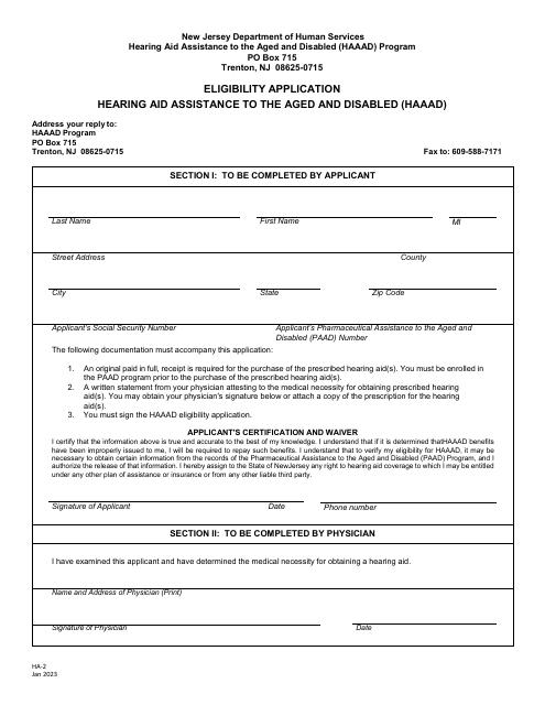 Form HA-2 Eligibility Application Hearing Aid Assistance to the Aged and Disabled (Haaad) - New Jersey