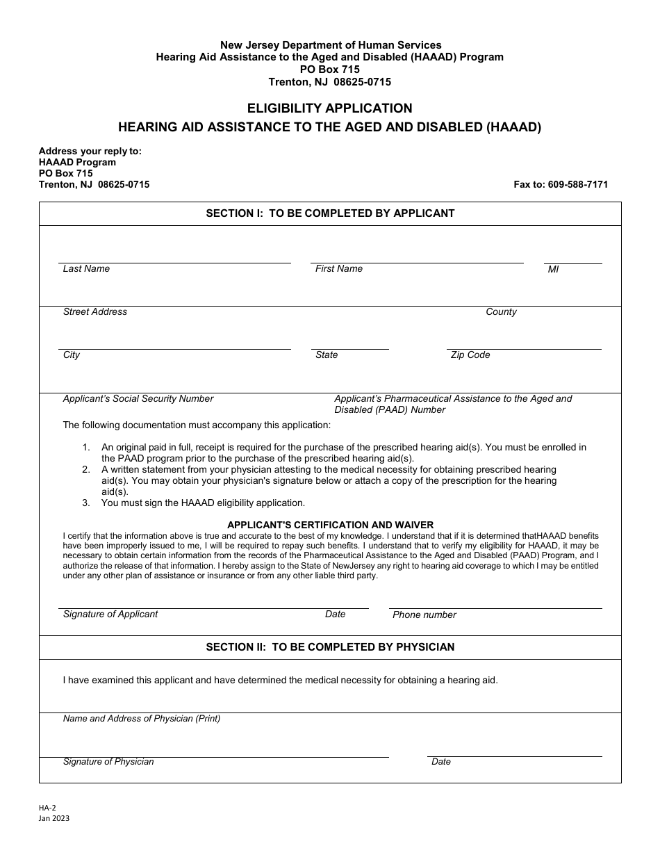 Form HA-2 Eligibility Application Hearing Aid Assistance to the Aged and Disabled (Haaad) - New Jersey, Page 1