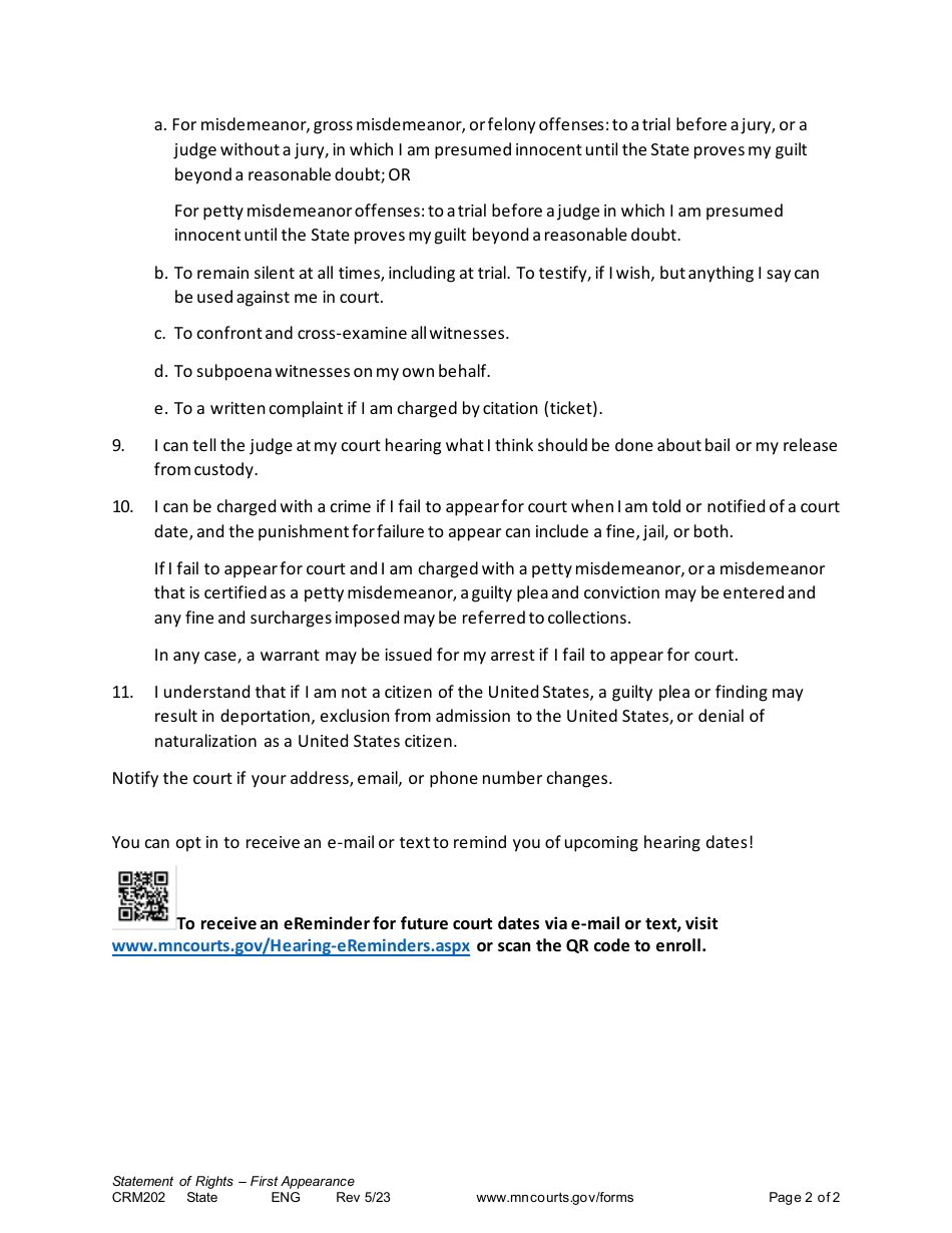Form CRM202 First Appearance Statement of Rights - Minnesota, Page 2