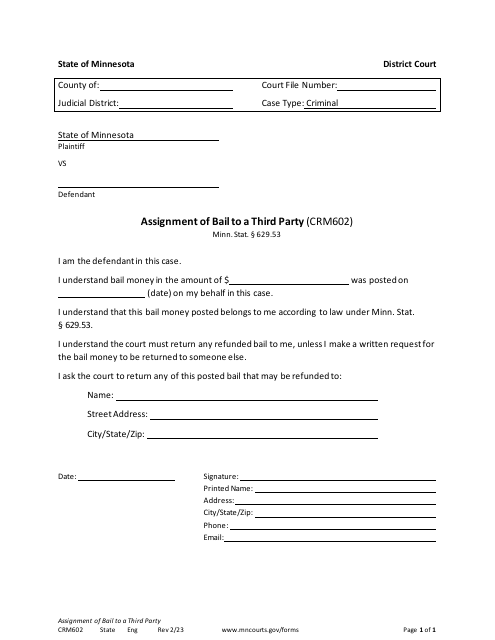 Form CRM602 Assignment of Bail to a Third Party - Minnesota