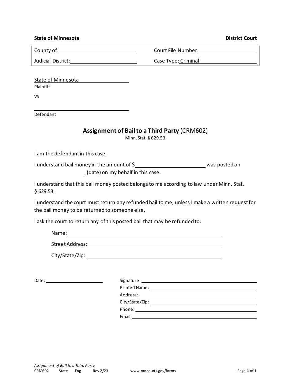 Form CRM602 Assignment of Bail to a Third Party - Minnesota, Page 1