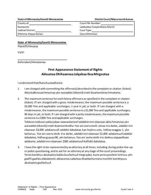 Form CRM202 First Appearance Statement of Rights - Minnesota (English/Oromo)
