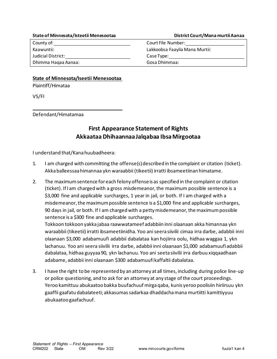Form CRM202 First Appearance Statement of Rights - Minnesota (English / Oromo), Page 1