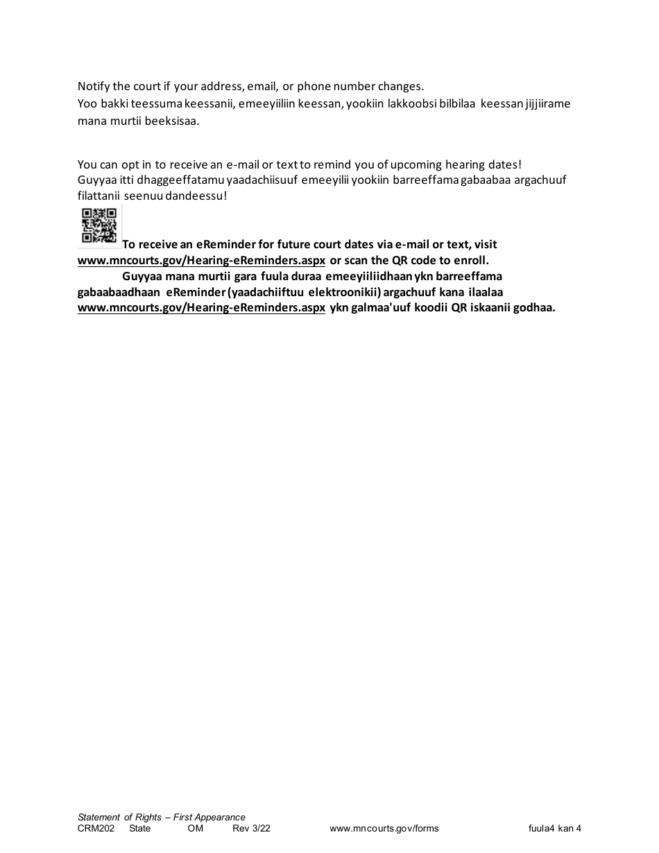 Form CRM202 First Appearance Statement of Rights - Minnesota (English / Oromo), Page 4