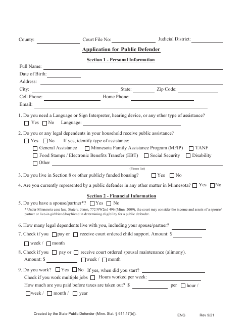 Form PD APP Application for Public Defender - Minnesota