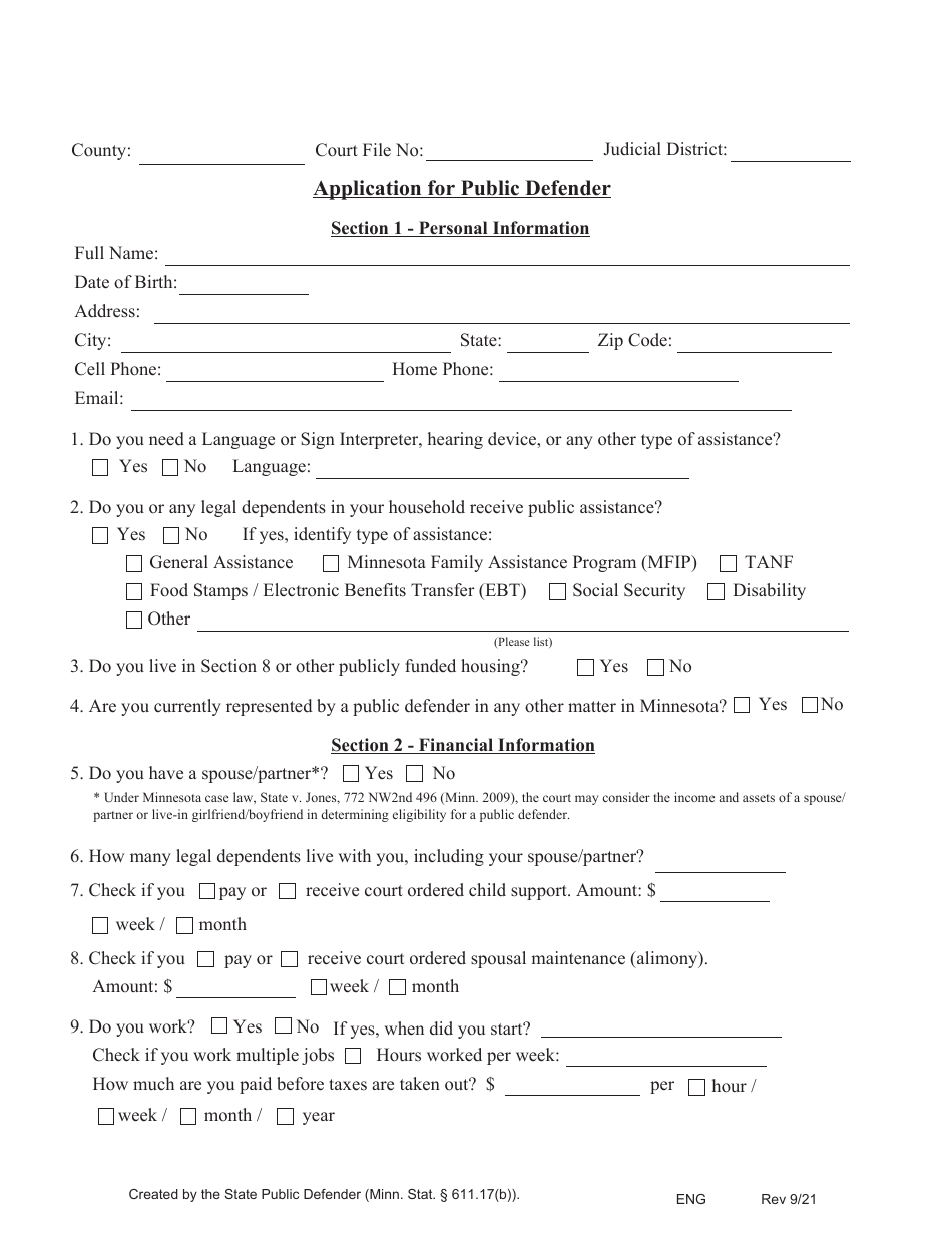 Form PD APP Application for Public Defender - Minnesota, Page 1