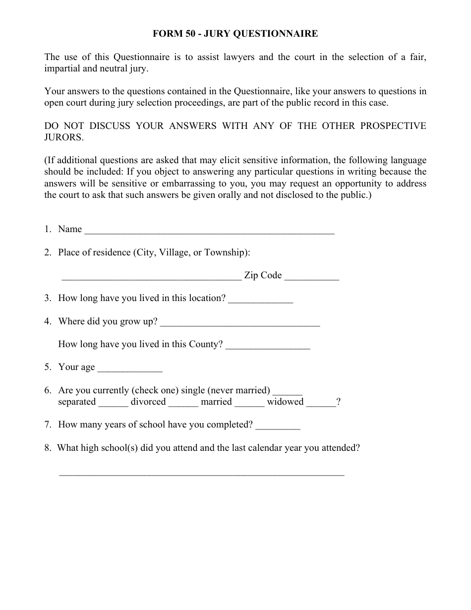 Form 50 Jury Questionnaire - Minnesota, Page 1