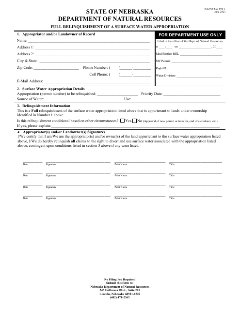 NeDNR SW Form SW-090-1 Full Relinquishment of a Surface Water Appropriation - Nebraska