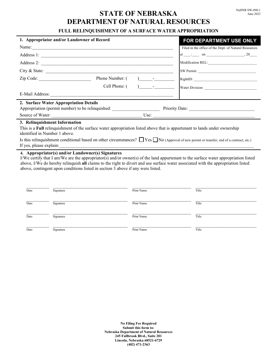 NeDNR SW Form SW-090-1 Full Relinquishment of a Surface Water Appropriation - Nebraska, Page 1