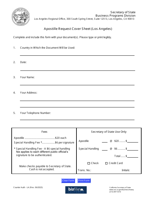 Apostille Request Cover Sheet (Los Angeles) - California