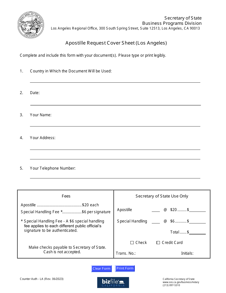 Apostille Request Cover Sheet (Los Angeles) - California, Page 1
