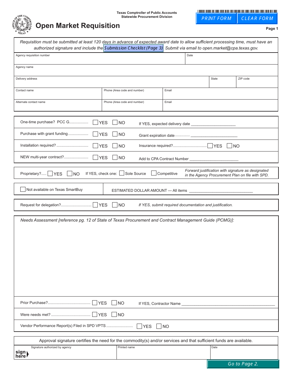 Form 76-146-2 Open Market Requisition - Texas, Page 1