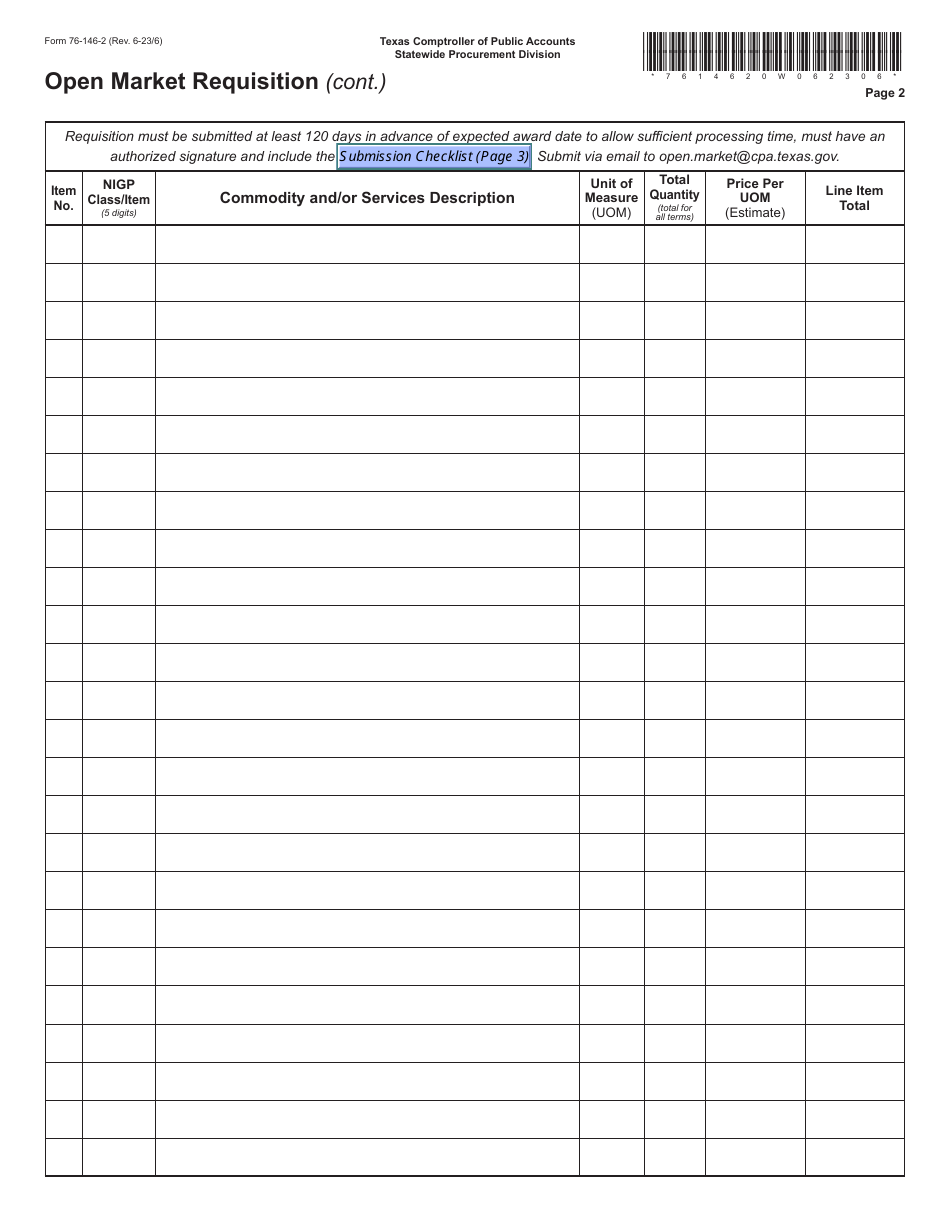 Form 76-146-2 Open Market Requisition - Texas, Page 2