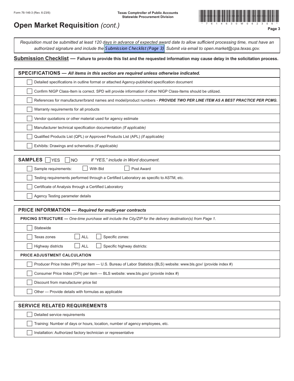 Form 76-146-2 Open Market Requisition - Texas, Page 3