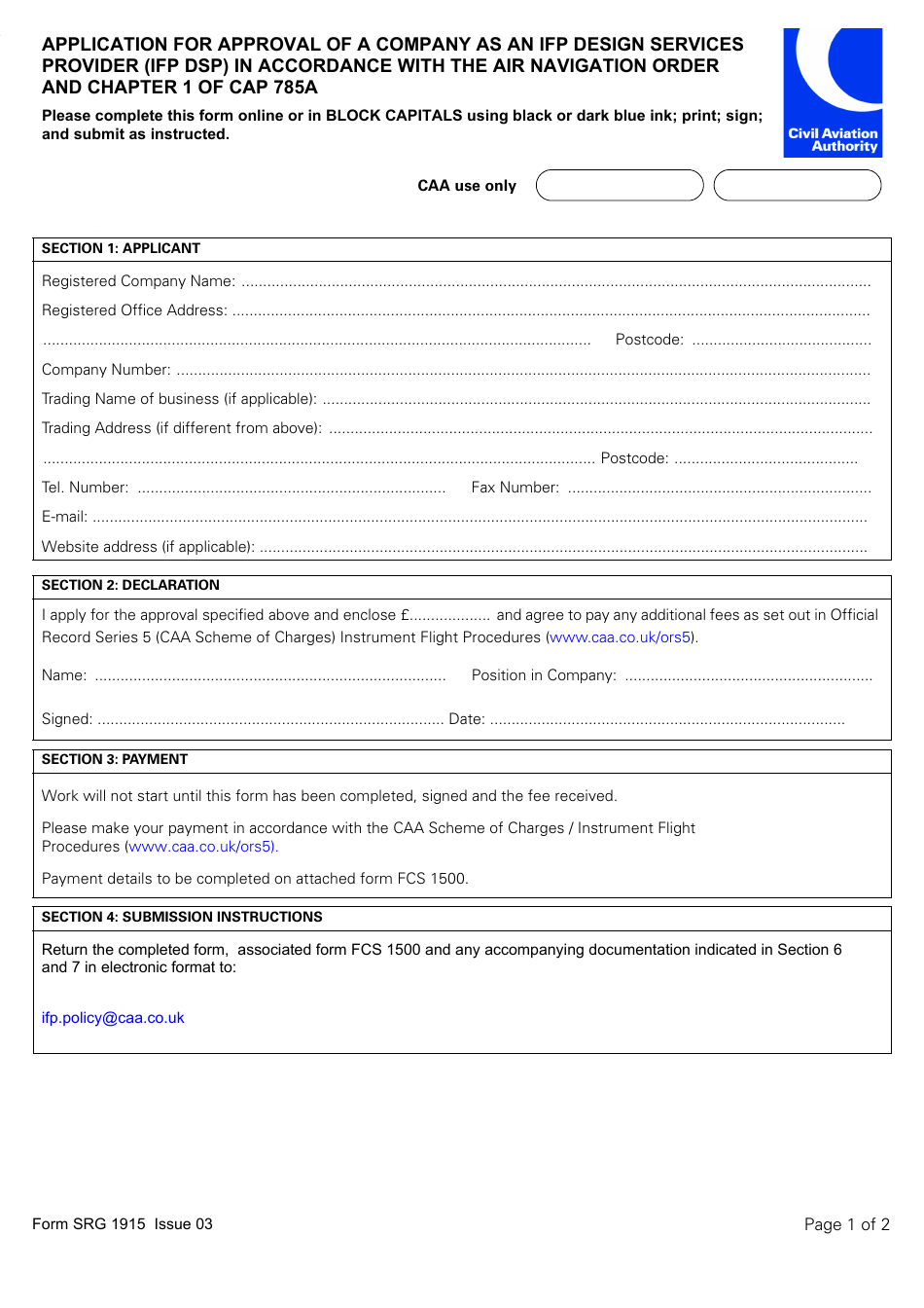 Form SRG1915 Application for Approval of a Company as an Ifp Design Services Provider (Ifp Dsp) in Accordance With the Air Navigation Order and Chapter 1 of CAP 785a - United Kingdom, Page 1
