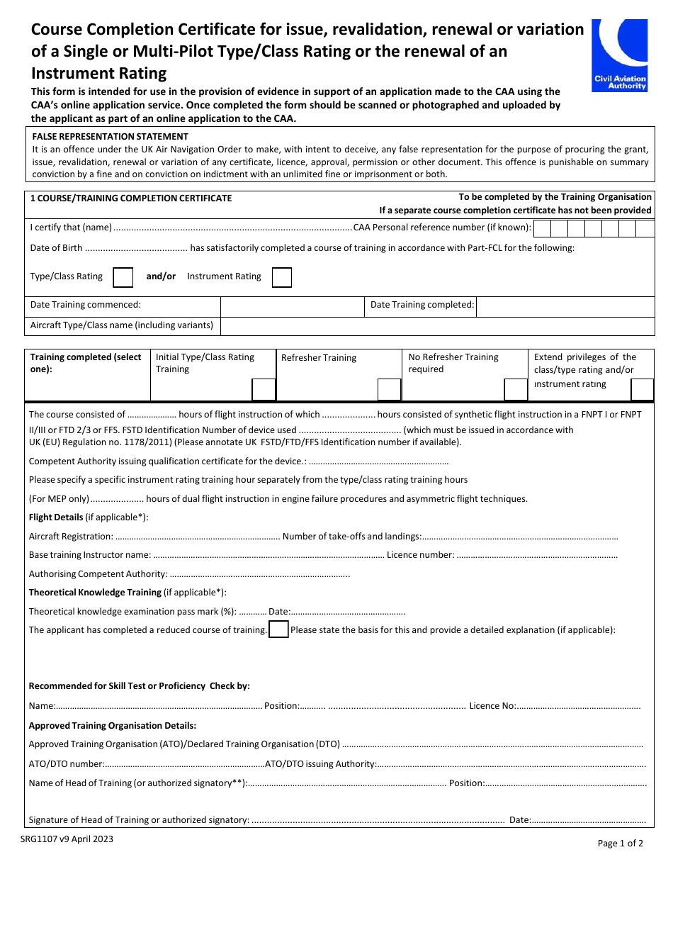 Form SRG1107 Course Completion Certificate for Issue, Revalidation, Renewal or Variation of a Single or Multi-Pilot Type / Class Rating or the Renewal of an Instrument Rating - United Kingdom, Page 1