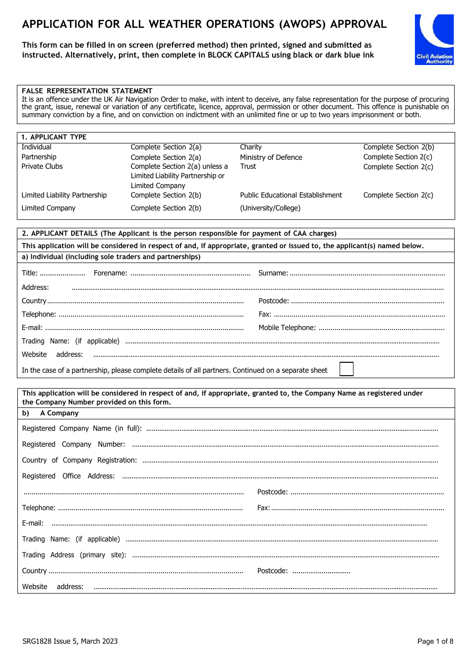Form SRG1828 Application for All Weather Operations (Awops) Approval - United Kingdom, Page 1