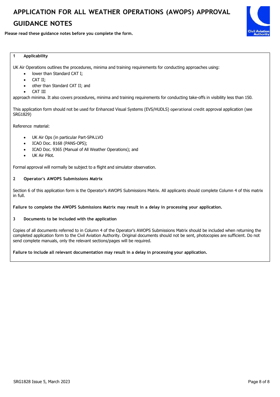 Form SRG1828 Application for All Weather Operations (Awops) Approval - United Kingdom, Page 8