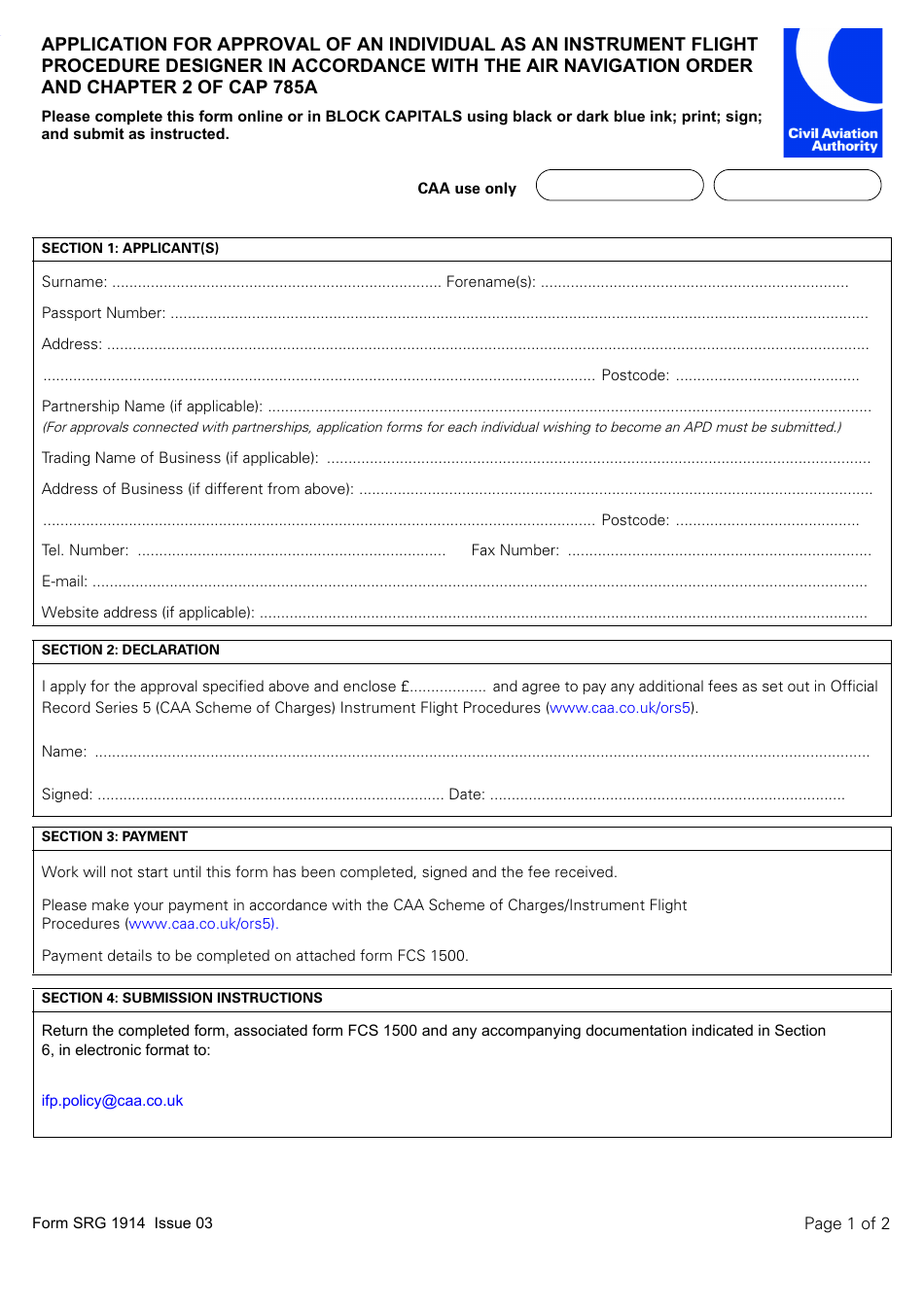 Form SRG1914 Application for Approval of an Individual as an Instrument Flight Procedure Designer in Accordance With the Air Navigation Order and Chapter 2 of CAP 785a - United Kingdom, Page 1