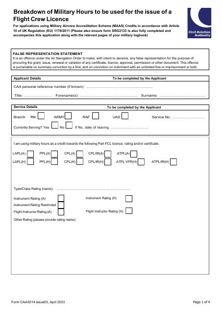 Form CAA5014 Breakdown of Military Hours to Be Used for the Issue of a Flight Crew Licence - United Kingdom