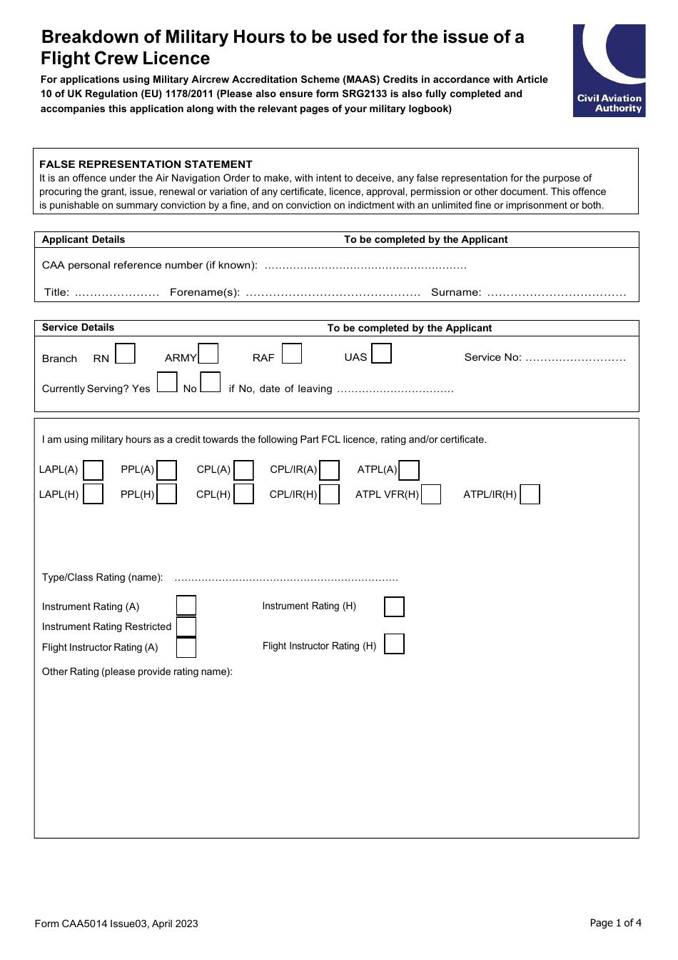 Form CAA5014 Breakdown of Military Hours to Be Used for the Issue of a Flight Crew Licence - United Kingdom, Page 1
