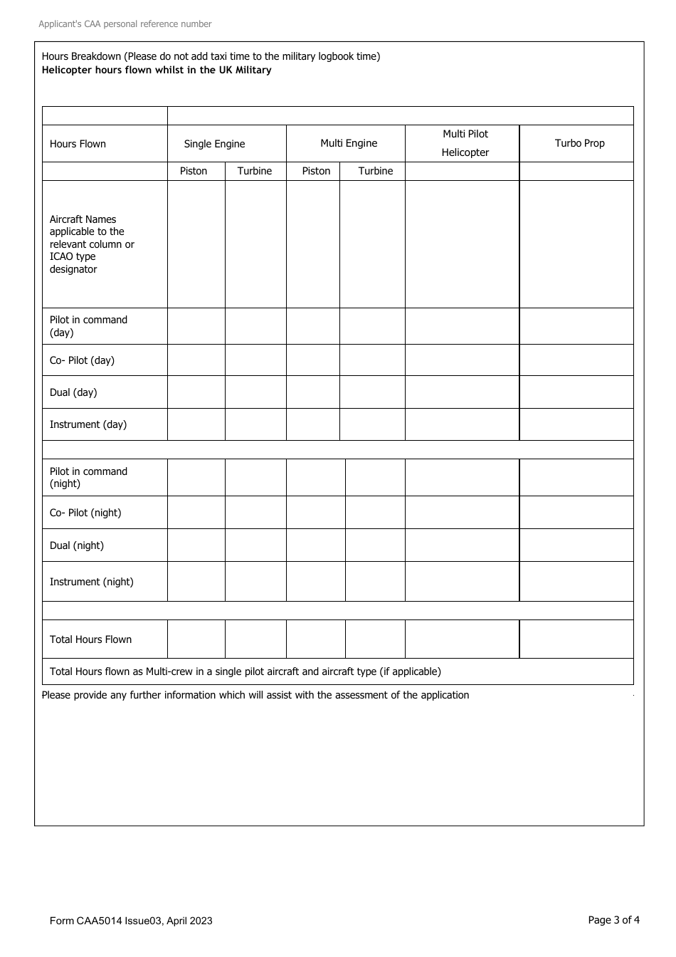 Form CAA5014 Breakdown of Military Hours to Be Used for the Issue of a Flight Crew Licence - United Kingdom, Page 3