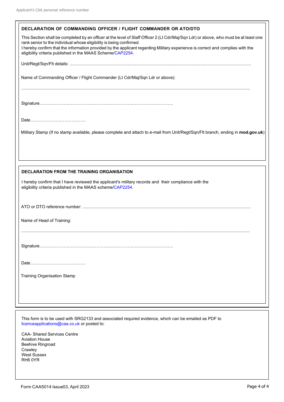 Form CAA5014 Breakdown of Military Hours to Be Used for the Issue of a Flight Crew Licence - United Kingdom, Page 4