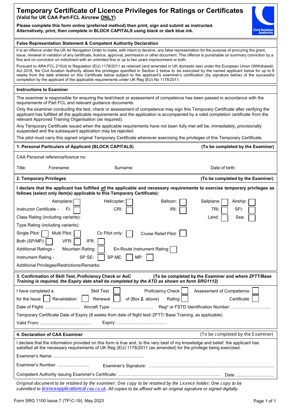 Form SRG1100 Temporary Certificate of Licence Privileges for Ratings or Certificates - United Kingdom, Page 1