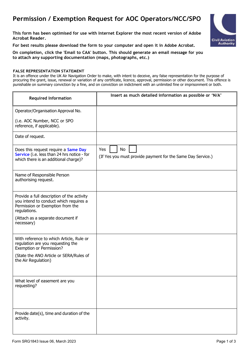 Form SRG1843 Permission / Exemption Request for Aoc Operators / Ncc / Spo - United Kingdom, Page 1