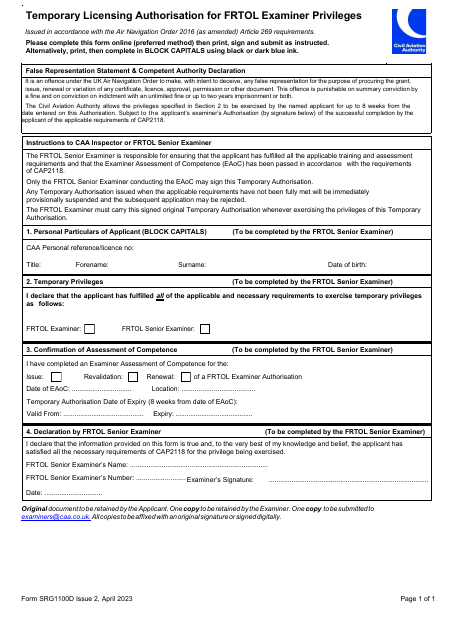 Form SRG1100D Temporary Licensing Authorisation for Frtol Examiner Privileges - United Kingdom