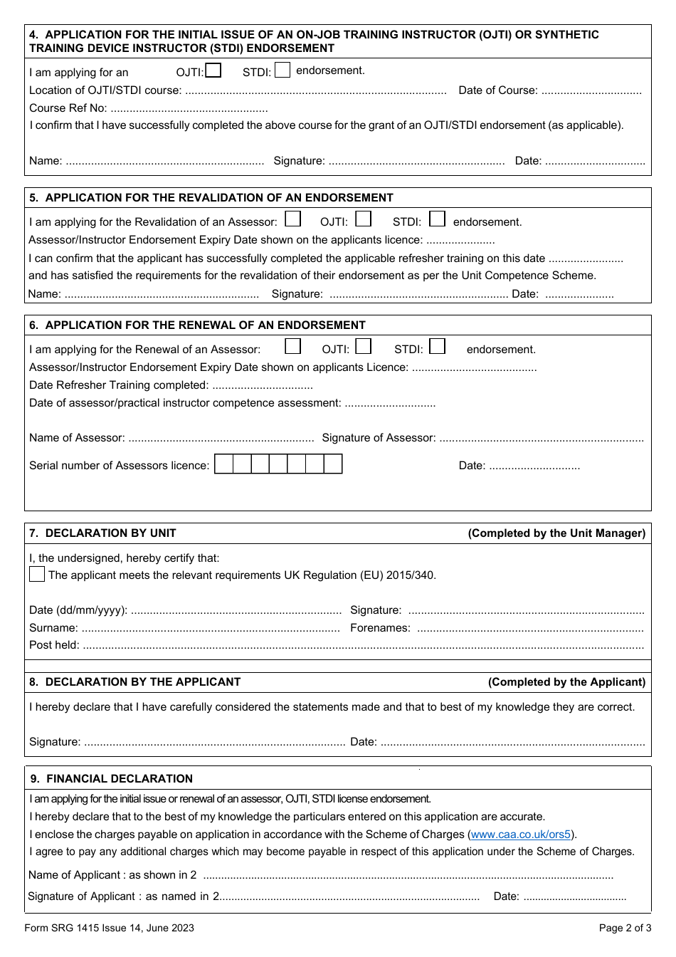 Form SRG1415 Application for the Issue, Revalidation, Renewal of Assessor, Ojti and Stdi Atco Licence Endorsements and Exchange of Ojti for an Stdi Endorsement (UK Regulation (Eu) 2015 / 340) - United Kingdom, Page 2