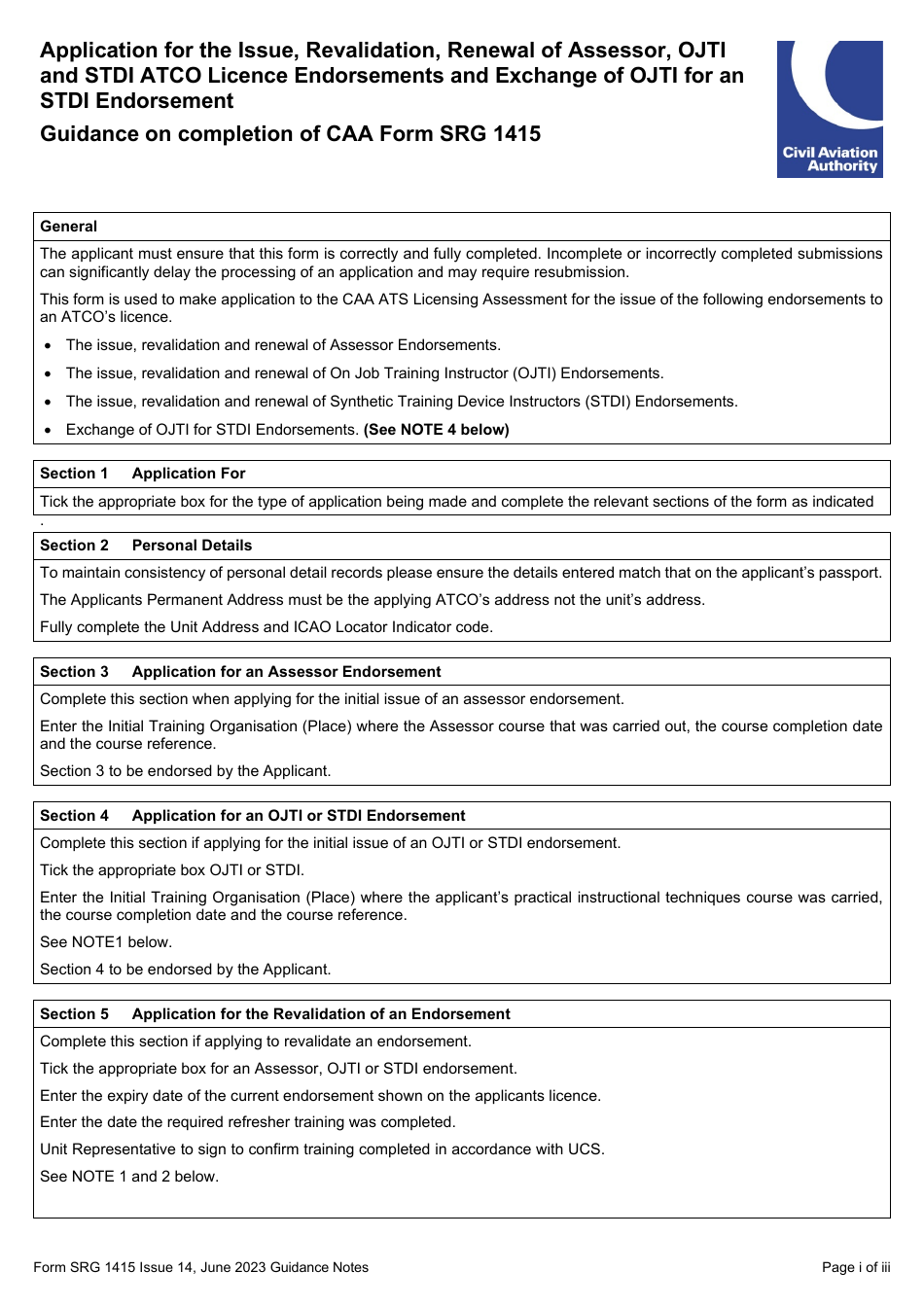 Form SRG1415 Application for the Issue, Revalidation, Renewal of Assessor, Ojti and Stdi Atco Licence Endorsements and Exchange of Ojti for an Stdi Endorsement (UK Regulation (Eu) 2015 / 340) - United Kingdom, Page 4