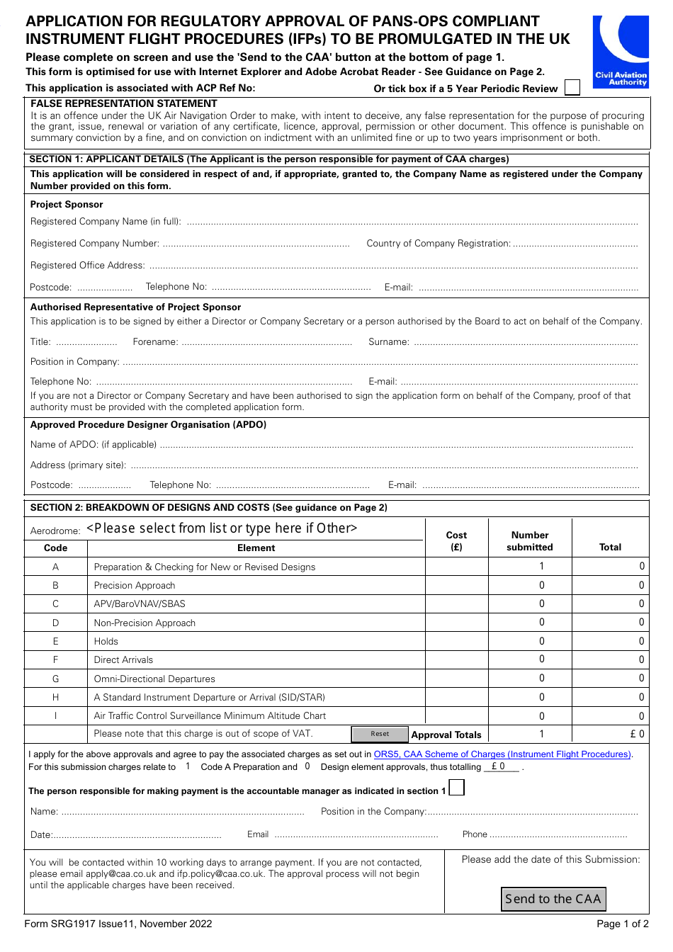 Form SRG1917 Application for Regulatory Approval of Pans-Ops Compliant Instrument Flight Procedures (Ifps) to Be Promulgated in the Uk - United Kingdom, Page 1