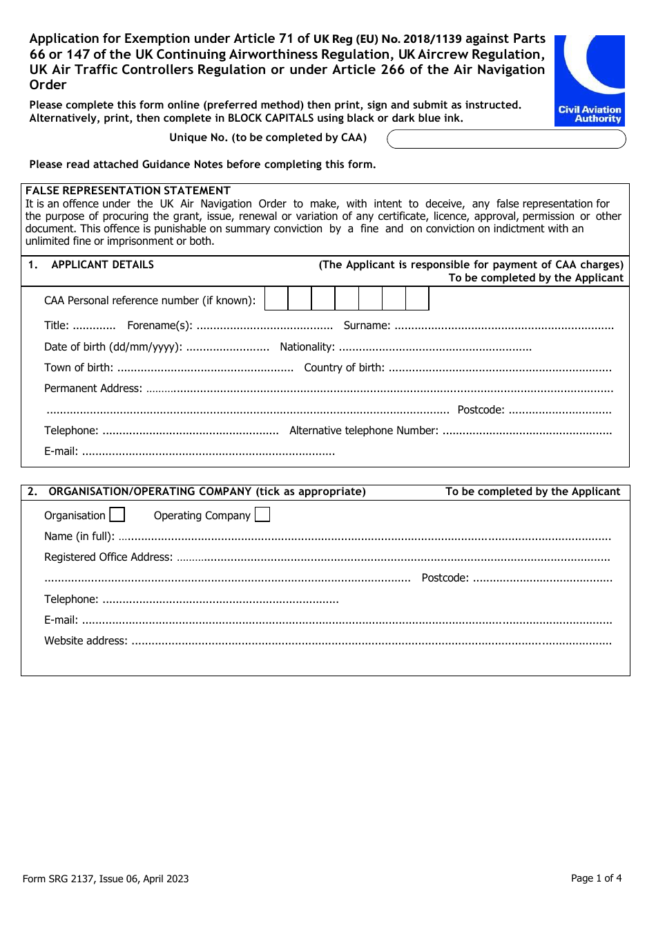 Form SRG2137 Application for Exemption Under Article 71 of UK Reg (Eu) No. 2018 / 1139 Against Parts 66 or 147 of the UK Continuing Airworthiness Regulation, UK Aircrew Regulation, UK Air Traffic Controllers Regulation or Under Article 266 of the Air Navigation Order - United Kingdom, Page 1