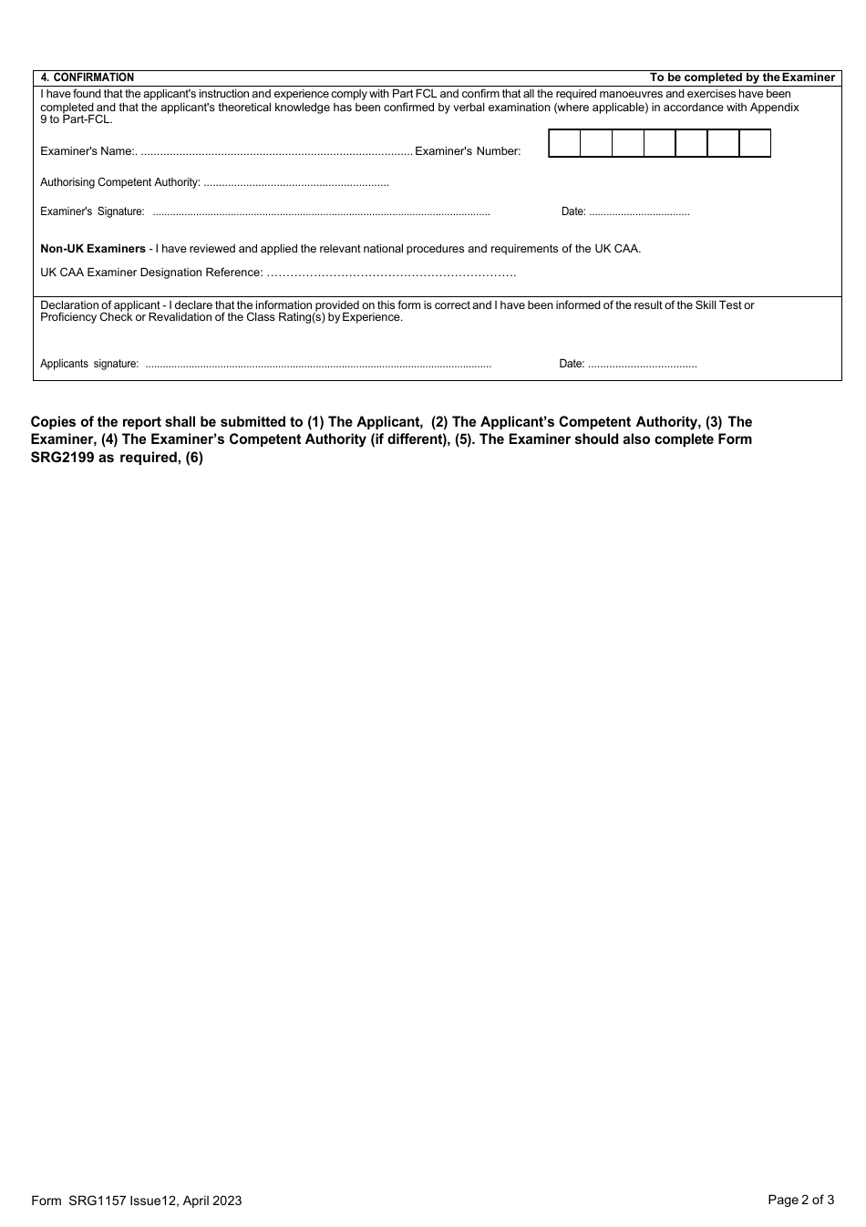 Form SRG1157 Examiners Report - for Single Pilot Aeroplanes (SPA) Skill Test for Issue of Class and Type Ratings and Proficiency Checks for Revalidation and Renewal of Class, Type and Instrument Ratings, Revalidation by Experience of Class Ratings, Excluding Sp High Performance Complex Aeroplanes and Sea Class Ratings in Accordance With Part-Fcl. (European Commission Regulation (Eu)no 1178 / 2011 as Amended) - United Kingdom, Page 2