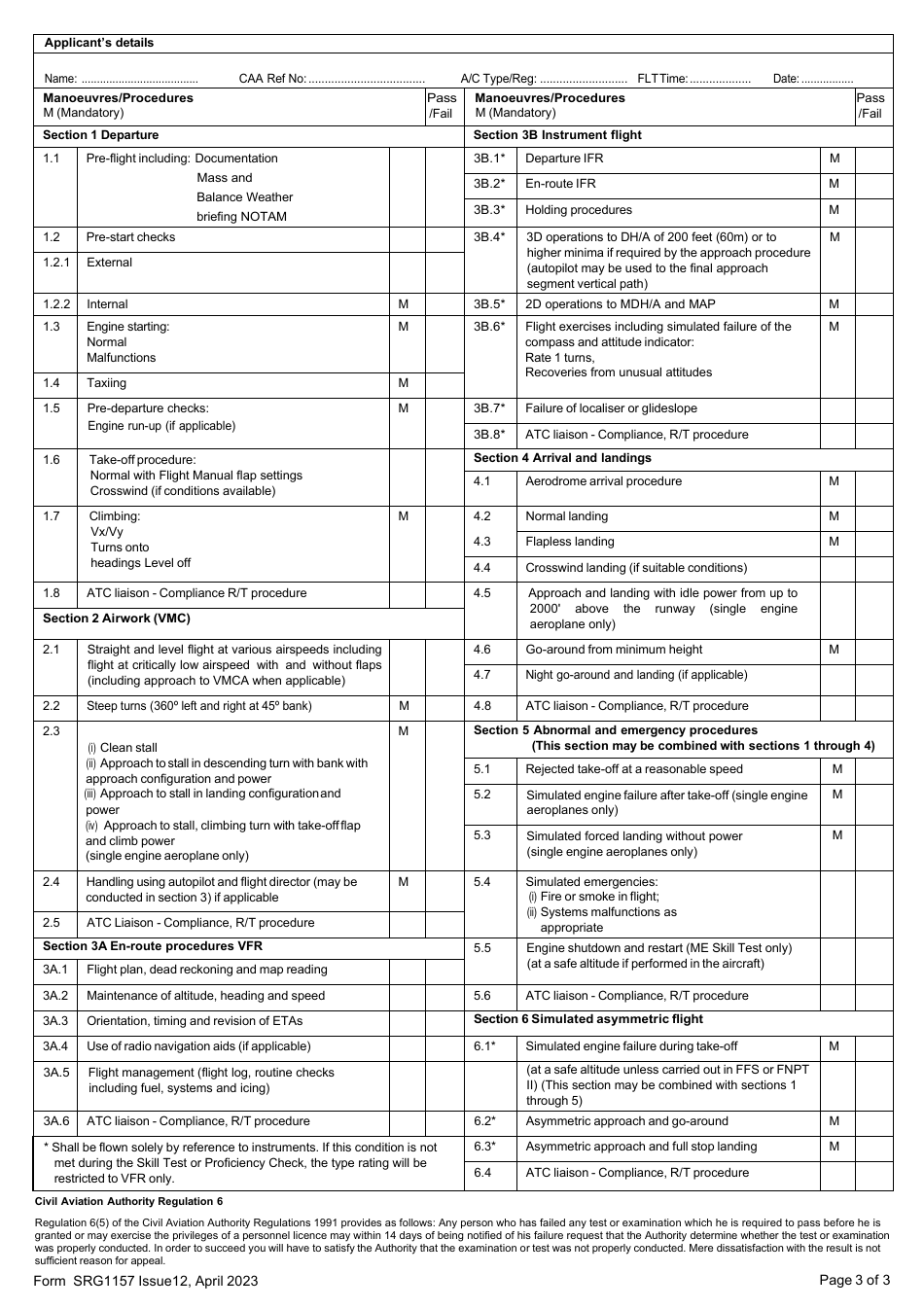 Form SRG1157 Examiners Report - for Single Pilot Aeroplanes (SPA) Skill Test for Issue of Class and Type Ratings and Proficiency Checks for Revalidation and Renewal of Class, Type and Instrument Ratings, Revalidation by Experience of Class Ratings, Excluding Sp High Performance Complex Aeroplanes and Sea Class Ratings in Accordance With Part-Fcl. (European Commission Regulation (Eu)no 1178 / 2011 as Amended) - United Kingdom, Page 3