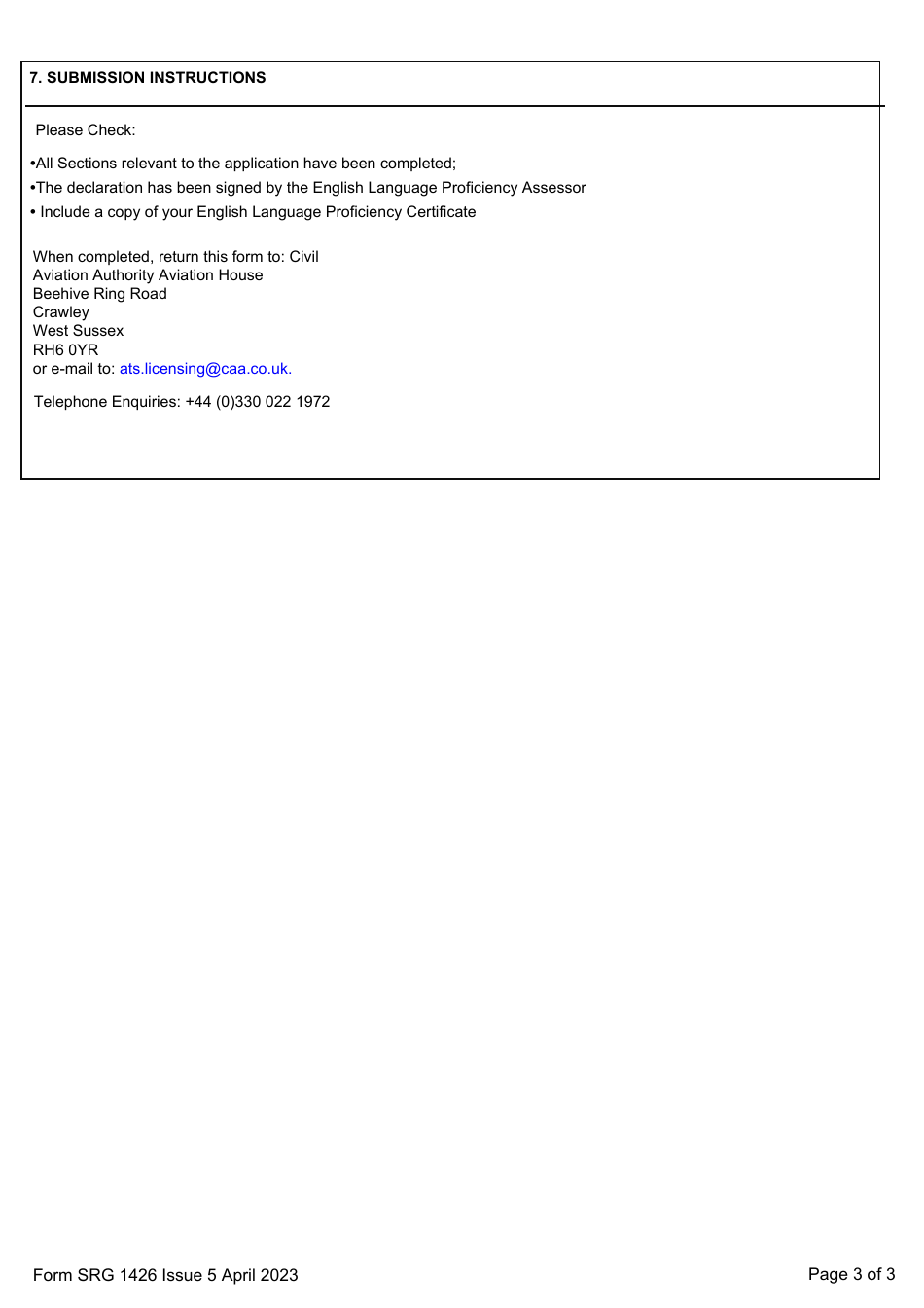 Form SRG1426 Air Traffic Controllers Licence - Notification of the Revalidation or Renewal of an English Language Proficiency Endorsement (Regulation UK (Eu) 2015 / 340) - United Kingdom, Page 3