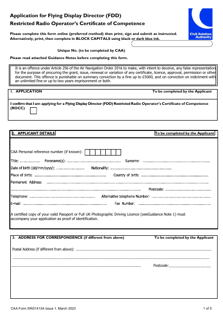 CAA Form SRG1413A  Printable Pdf