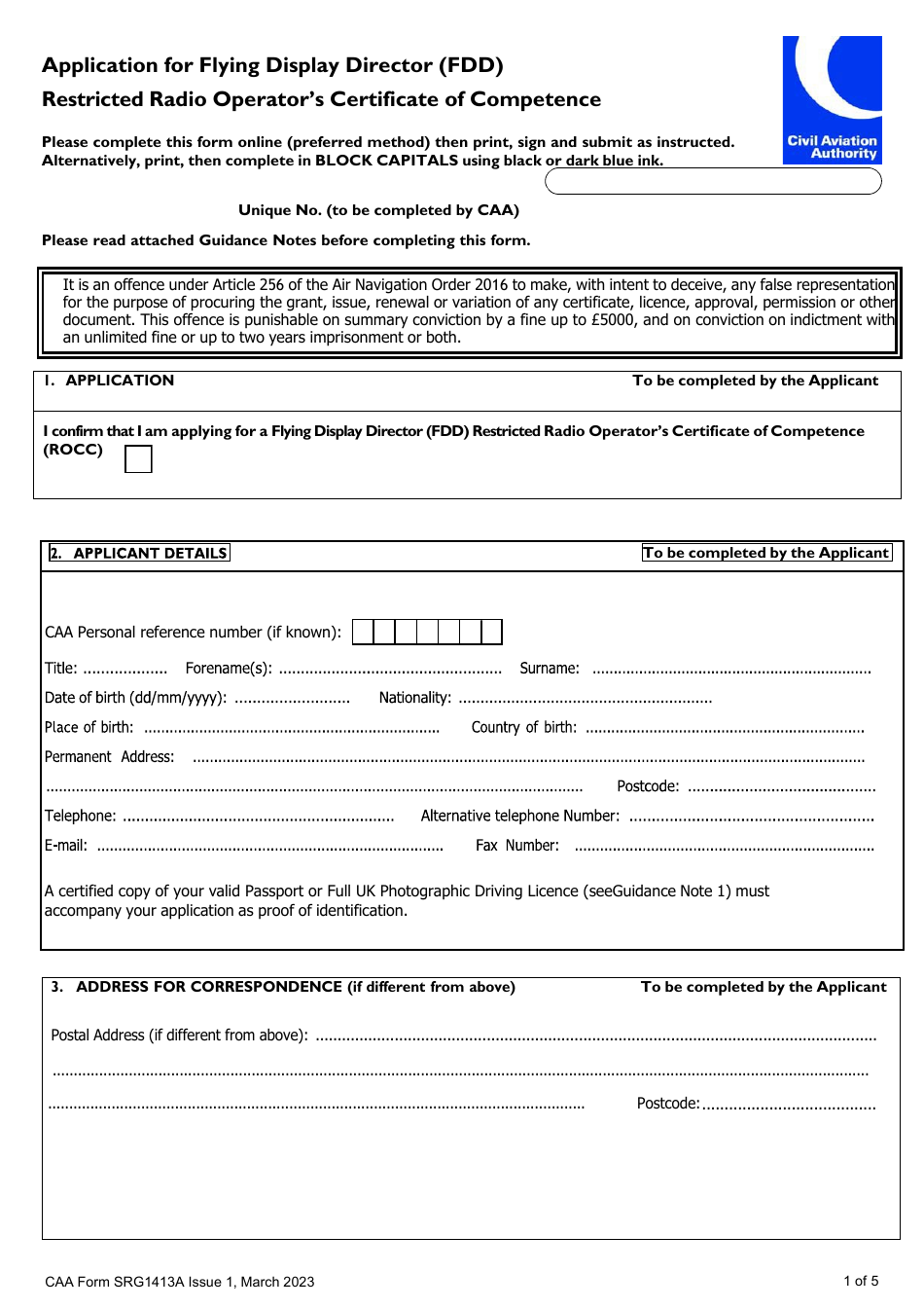 CAA Form SRG1413A Application for Flying Display Director (Fdd) Restricted Radio Operators Certificate of Competence - United Kingdom, Page 1