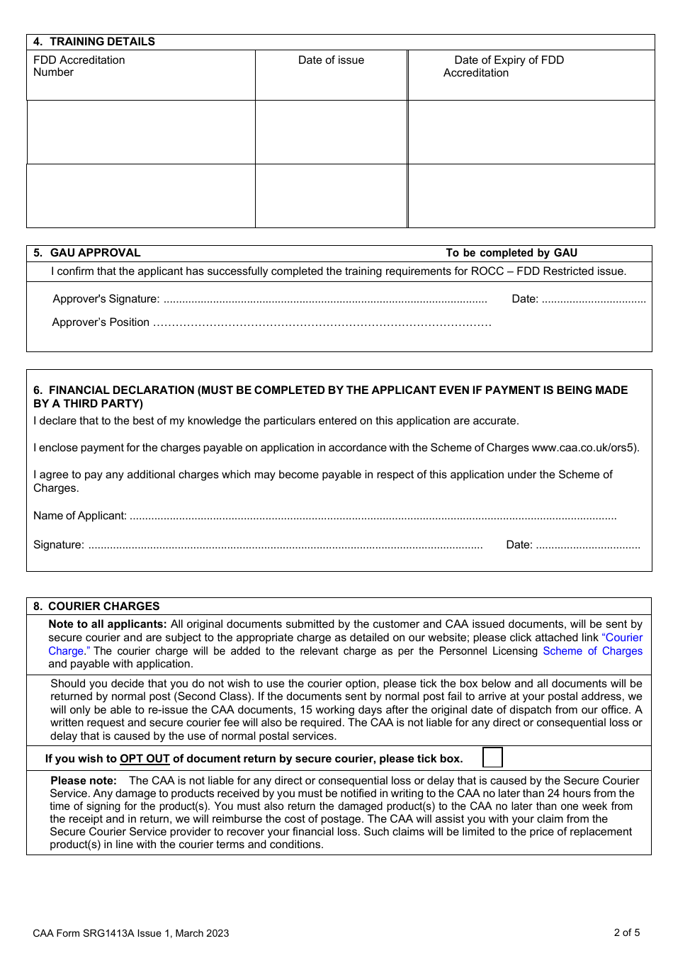 CAA Form SRG1413A Application for Flying Display Director (Fdd) Restricted Radio Operators Certificate of Competence - United Kingdom, Page 2