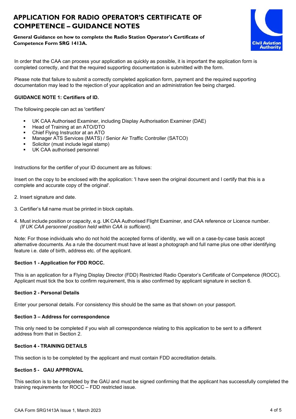 CAA Form SRG1413A Application for Flying Display Director (Fdd) Restricted Radio Operators Certificate of Competence - United Kingdom, Page 4