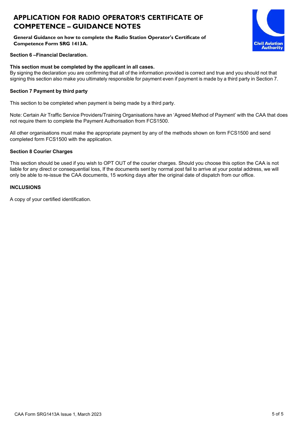 CAA Form SRG1413A Application for Flying Display Director (Fdd) Restricted Radio Operators Certificate of Competence - United Kingdom, Page 5