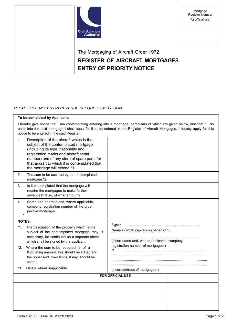 Form CA1330 Register of Aircraft Mortgages Entry of Priority Notice - United Kingdom, Page 1