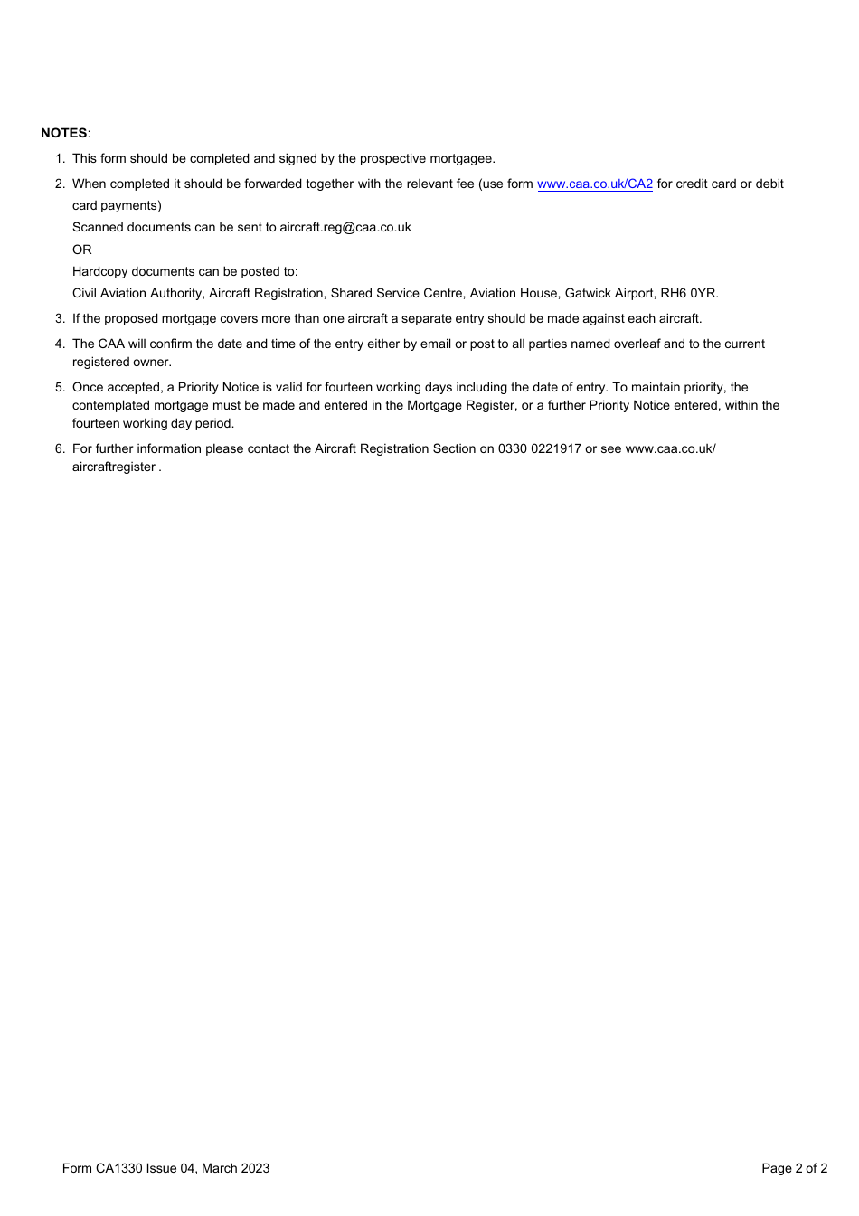 Form CA1330 Register of Aircraft Mortgages Entry of Priority Notice - United Kingdom, Page 2