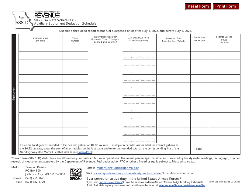 Form 588-D Schedule C $0.22 Tax Rate - Auxiliary Equipment Deduction Schedule - Missouri