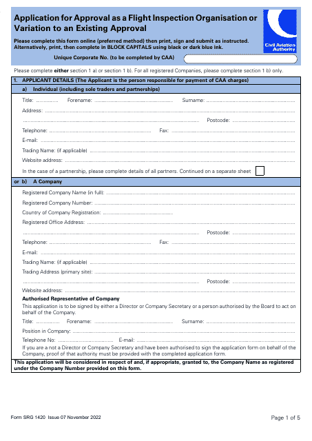 Form SRG1420 Application for Approval as a Flight Inspection Organisation or Variation to an Existing Approval - United Kingdom