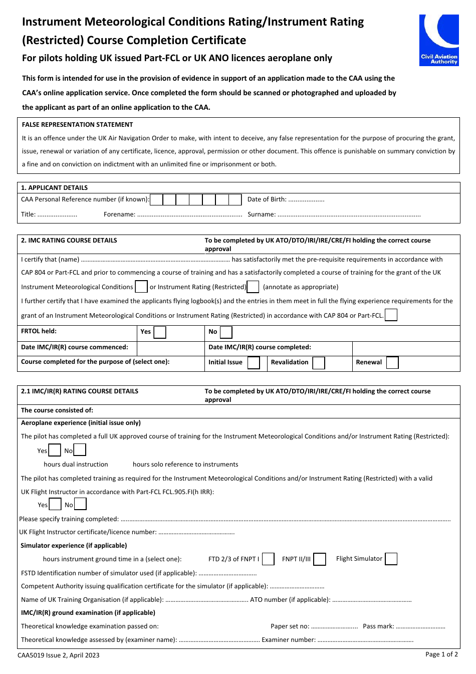 Form CAA5019 Instrument Meteorological Conditions Rating / Instrument Rating (Restricted) Course Completion Certificate - United Kingdom, Page 1