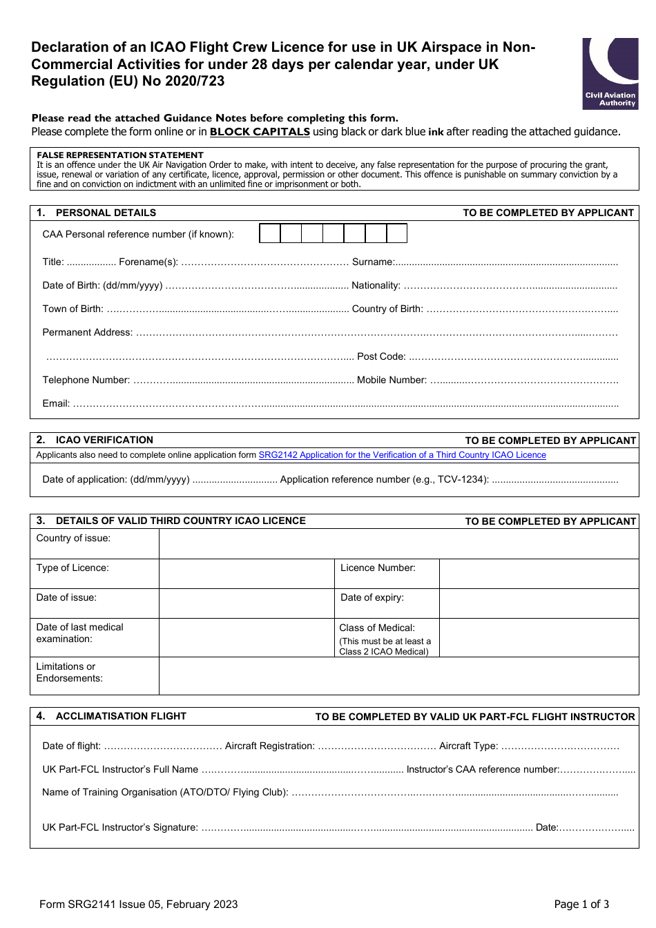 Form SRG2141 Declaration of an Icao Flight Crew Licence for Use in UK Airspace in Noncommercial Activities for Under 28 Days Per Calendar Year, Under UK Regulation (Eu) No 2020 / 723 - United Kingdom, Page 1
