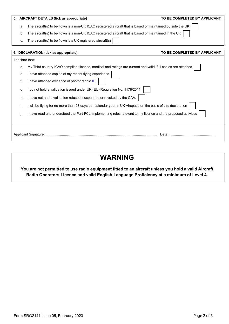 Form SRG2141 Declaration of an Icao Flight Crew Licence for Use in UK Airspace in Noncommercial Activities for Under 28 Days Per Calendar Year, Under UK Regulation (Eu) No 2020 / 723 - United Kingdom, Page 2